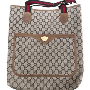 Gucci Plus Beige Monogram Tote with Brown Trim and Red-Green Web Strap
